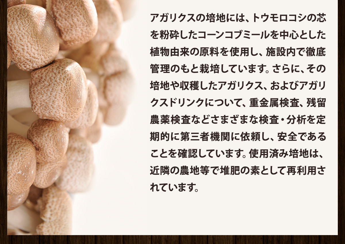 アガリクスの培地には、植物由来の原料を使用し、施設内で徹底管理のもと栽培しています。